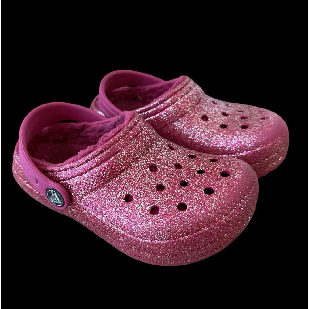 Crocs girls size 10‎ Fuchsia Pink Glitter Fur Lined Crocs Shoes Slip Ons C10